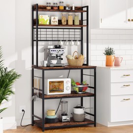 Shintenchi Bakers Rack with Power Outlet, Kitchen Organizer and Storage with 6 Hooks, Microwave Oven Stand, Kitchen Shelf for Spice, Coffee Station, Coffee Bar Table (Vintage Brown)