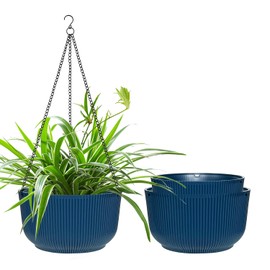RooTrimmer Hanging Planters 9/10/11 Inch for Indoor Plants, 3 Pack Plant Hanger Outdoor with Drainage Holes, Self Watering Hanging Basket Flower Pot for Garden Home Decor, Dark Blue