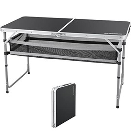 FUNDANGO Height Adjustable Portable Lightweight Folding Camping Table with Layer Mesh Storage Fold Up Foldable Collasible with Handle for Outdoor, Indoor, Beach, BBQ, Picnic,Travel