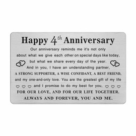 TGCNQ Metal Engraved 4 Year Anniversary Card, 4th Anniversary Card Gifts for Husband Wife Him Her, 4 Year Wedding Anniversary Decorations