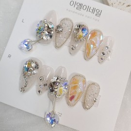 [Premium Nail] Heart Handmade Dangle Stone Handmade Nail Tip - Coffin Egg / [프리미엄네일] 하트수제댕글 스톤 수제네일팁 - 코핀에그