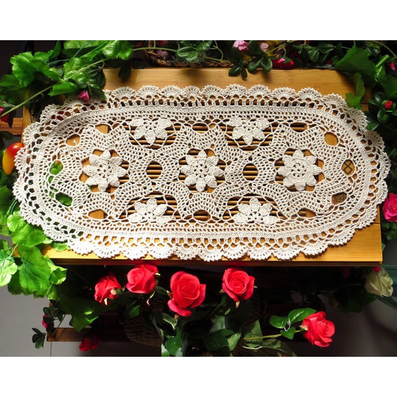 Laivigo Handmade Crochet Lace Oval Lucky Flower Tablecloth Table Runner