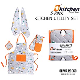 Olivia Rocco Kitchen Sets Apron Double Oven Gloves Towel Set Heat Resistant Oven Mitts Pot Holder for Home Kitchen Baking and Cooking Pack of 5, Winter Animals