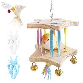 Bird Stand Perch Toy,Interactive Rocking Parakeet Toy and Perch, Wooden Exercise Wheel Cockatiel Toy, Intelligence Puzzle Enrichment Toys,Bird Playground Play Stands for Conure Budgie(E)
