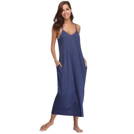 Nieery Cotton Long Nightshirt Nightdress for Women V Neck Longs Sleep Dress Ladies Loose Fit Nightie Casual with Pockets(Dark Blue, XX-Large)