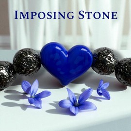 Imposing Stone LAPIS LAZULI Limited Edition Bracelet with Navy Blue Glass Heart Bead and Black Lava Stone with real Lapis Lazuli Chip Beads, Handmade Stretch Design, size 7 inch but can stretch