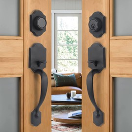 NeuType Front Door Handle Set Matte Black Double Door Handle Set with Dummy Heavy Duty Double Door Lock Set, with Single Cylinder Deadbolt and Lever Handle, Compatible with Right & Left Handed Doors