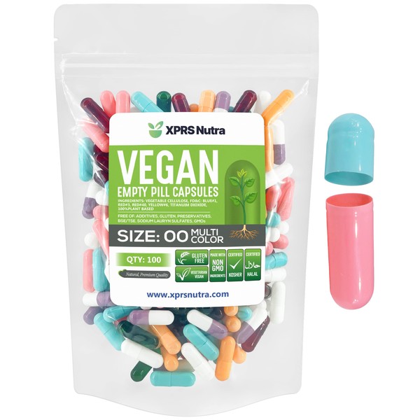 Size 00 Empty Capsules -100 Count Empty Vegan Capsules - Vegetarian Empty Pill Capsules- DIY Vegetable Capsule Filling- Veggie Pill Capsules Empty Caps (Multi Color)