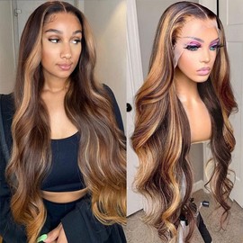 Highlight Lace Front Wig Human Hair Ombre 13 x 4 P4/27 Coloured Honey Blonde Lace Front Wigs for Women Body Wave 200% Real Human Hair Wigs Glueless Wigs Pre Plucked With Baby Hair 18 Inches (45 cm)