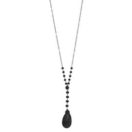 DAUPLAISE Jewelry Jet Black Beaded Y Necklace with Teardrop Pendant, Elegant Women's Fashion Jewelry - Hematite Tone, Base Metal, No Gemstone