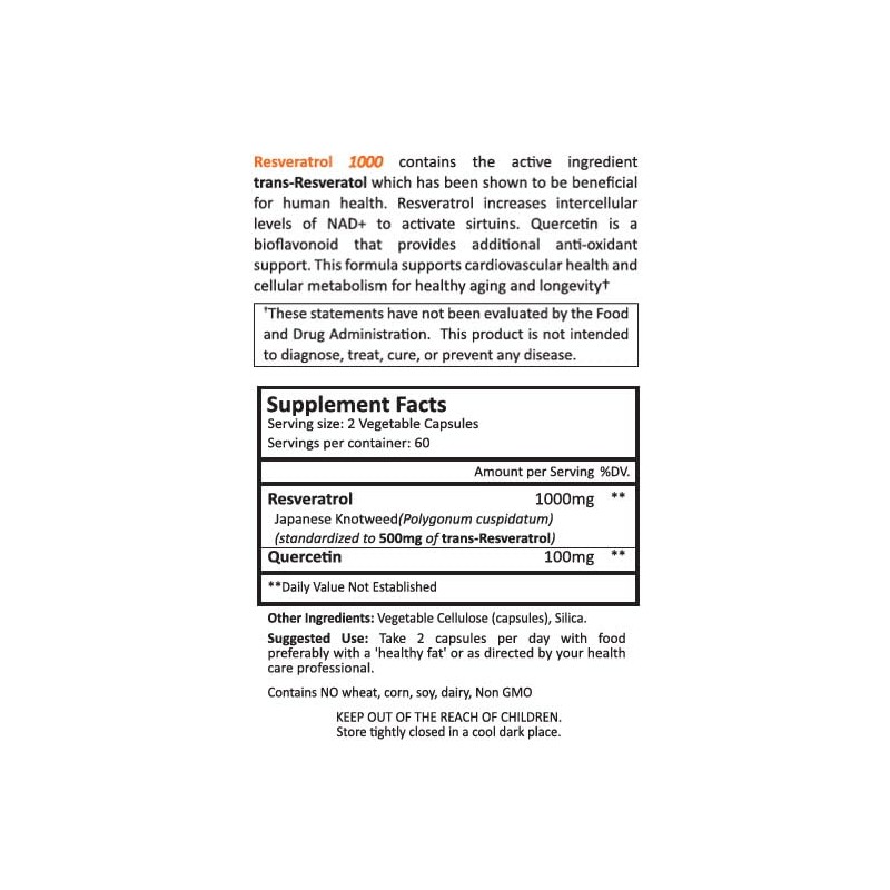 Resveratrol 1000mg Trans-Resveratrol + Quercetin Sirtuin Activator Boosts NAD Levels