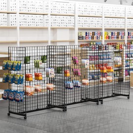 Jenified Wire Grid Wall Display Rack with Rolling Base Grid Wall Panel Floorstanding Retail Display Art Display Fixture with Extra Hooks for Supermrket Shop