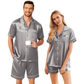 Ekouaer Satin Matching Pajamas Sets Couple Silk Button Down Sleepwear Women & Men Short Sleeve Pjs Lounge Set Dark Grey,M