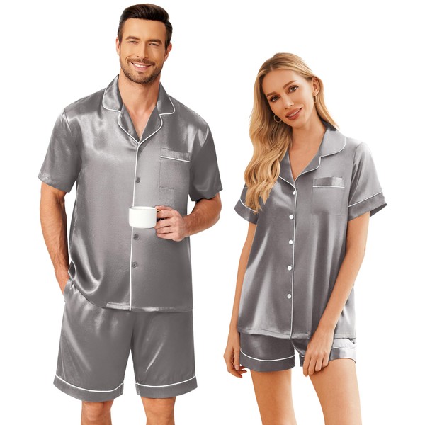 Ekouaer Satin Matching Pajamas Sets Couple Silk Button Down Sleepwear