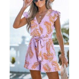CUPSHE Women's Romper Tropical Flutter Sleeve Boho Overall V Neck Wide Leg Outfit Casual Beach Purple/Orange Leaves M