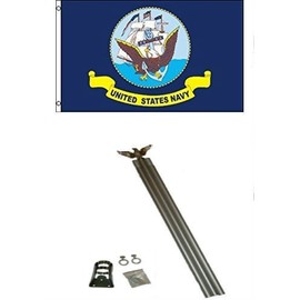 3x5 U.S Navy Ship Military flag with 6 ft Brushed Silver Aluminum Residential Commercial Advertising Flagpole Pole Kit Set (Eagle Top)