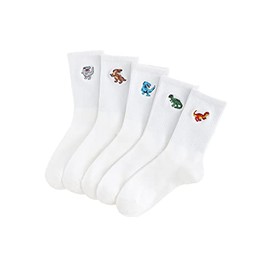 WDIRARA Men's 5 Pairs Dinosaur Embroidered Crew Socks Casual Cartoon Print Crew Socks White one-size