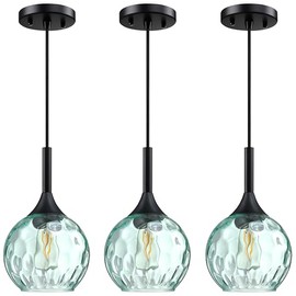 Doraimy Lighting 6.3" Hammer Green Glass Pendant Light 3 Pack Pendant Ceiling Light Fixture Black Finish Modern Farmhouse Dinning Over Sink Adjustable Height Cord