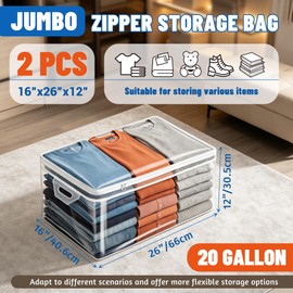 2 Pack 20 Gallon Clear Storage Bags for Clothes with Jumbo Zipper Totes
