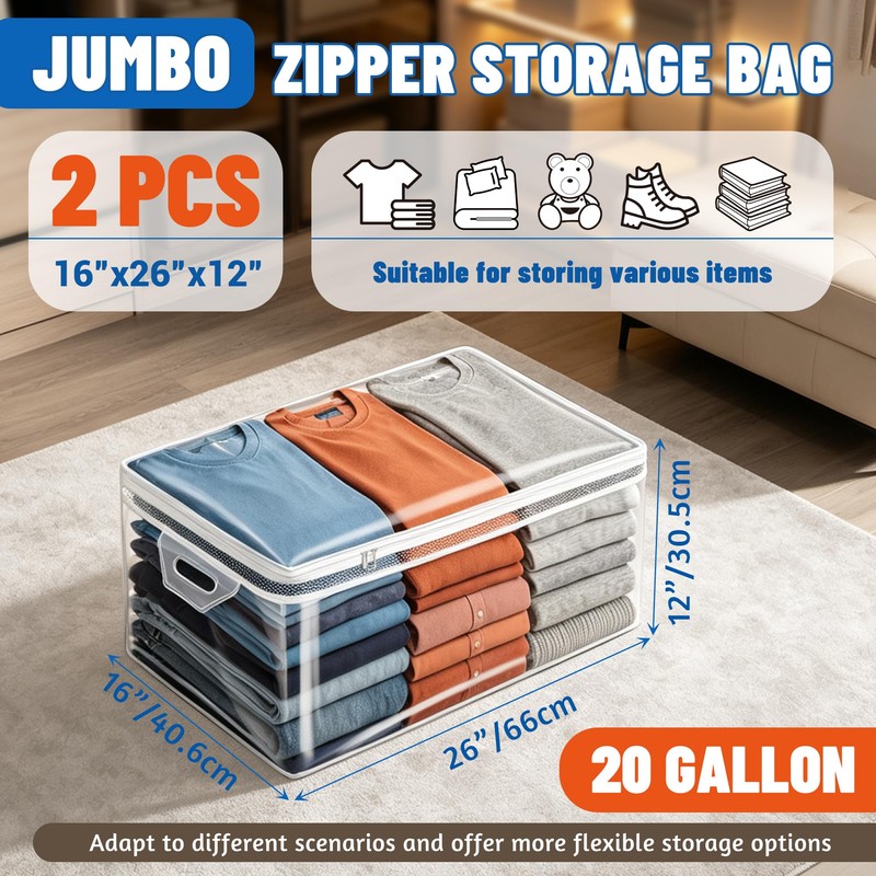 2 Pack 20 Gallon Clear Storage Bags for Clothes with