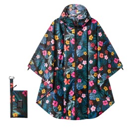 Rian c0de731 Hooded Rain Ponchos for Adult - Rain Coat and Rain Jacket with Waterproof Pocket and Zipper Suitable for Camping, Hiking, Travelling and Other Outdoor Activities, Black and Red Flowers