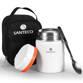 SANTECO Vacuum Insulated Soup Jar, 16.9 fl oz (500 ml), Wide Mouth, Insulated Lunch Jar, Bento Box, Spoon Included, Dedicated Bag, Stylish, Unisex, Picnic, Club Activities, White