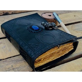 ALCRAFT Vintage Leather Celtic Triple Moon Grimoire Black Book of Shadows Spellbook Journal for Men Women, Wicca Wiccan Pagan Witchcraft Writing Notebook, Blank Unlined Pages