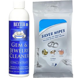 Jewelry Cleaning Kit Bundle – 12 Metal Polish Wipes + 8 oz Jewelry Cleaner Concentrate – for Silver, Gold, Platinum, Brass, Copper, Non-Porous Stones – Ultrasonic & Manual Use