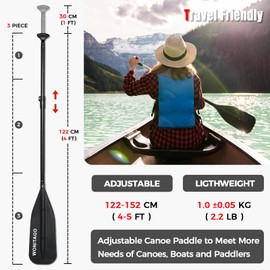 WONITAGO Canoe Paddles Aluminum Paddle with PP Blades, Floating Adjustable Canoe Paddle and Boat Paddle, 122-152 cm/4-5 Ft, Black