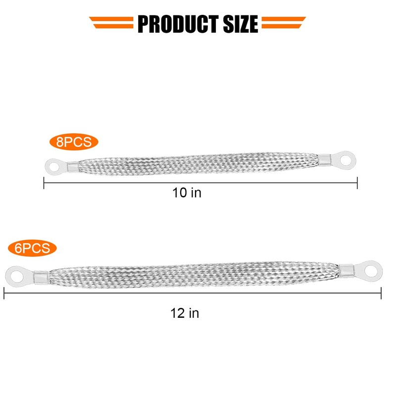 Sandfren 14PCS Car Ground Straps, 10/12 Inch Copper Tinned Braided