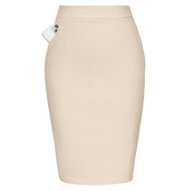 Kate Kasin Women's Stretchy Pencil Skirt Bodycon Solid Work Midi Skirts with Pockets (Beige, Medium)