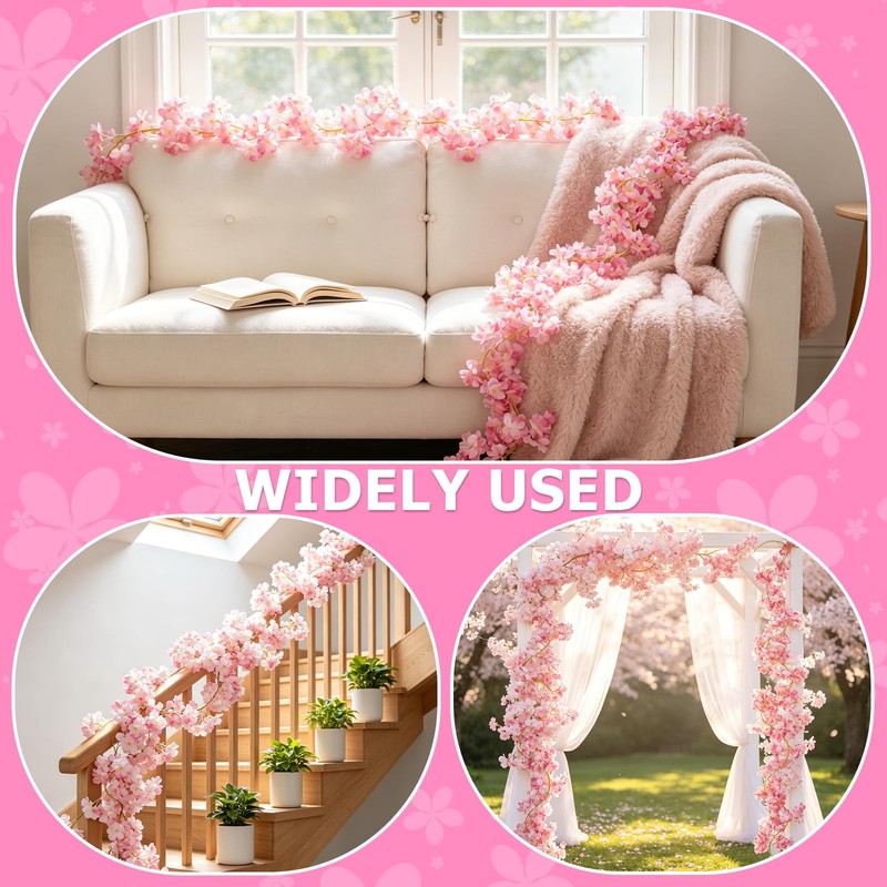 QEEYON 4 Pcs 180cm Cherry Blossom Garland, Artificial Pink Flower