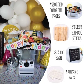 Birthday Photo Booth Props - 41-pc Kit with 8 x 10-Inch Sign, 60 Adhesive Pads, 45 Sticks