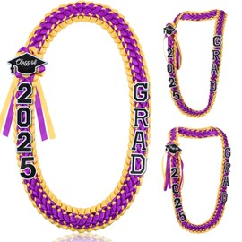 Hotop 1 Pcs Graduation Leis Class of 2025 Grad Ribbon Double Braided Necklace Handmade Money Leis for Congrats Graduates Senior (Purple,Gold)