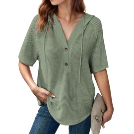 Baonmy Womens Tops Short Sleeve Waffle Knit Hoodies Lightweight Drawstring Hooded V Neck Casual Button Tshirts Trendy