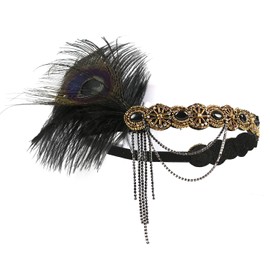Vintage 1920s Flapper Feather Headband, Roaring 20s Great Gatsby Headpiece for Women, Accessories for Wedding Party (Black)