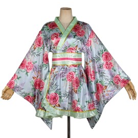 HUAHUA Women's Short Kimono Dress Floral Print Japanese Traditional Sexy Geisha Robe Bathrobe Skirt Belt Outfit
