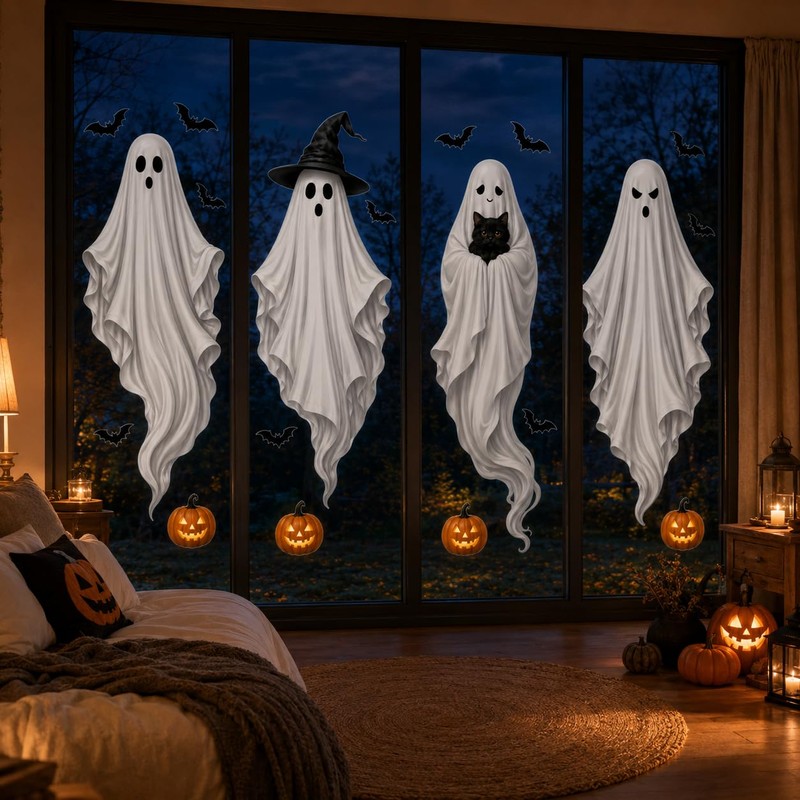 Extra Large Halloween Window Clings, Ghost Witch Hat Pumpkin Decals