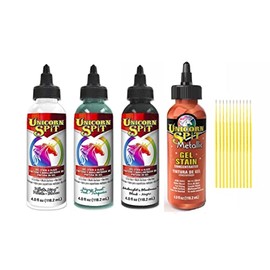 Unicorn SPiT Gel and Glaze Stain Desert Canyon Collection: 4, 4oz. Bottles with Trebbies Detail Sticks (White Ning, Navajo Jewel, Midnight's Blackness, Athena Copper)