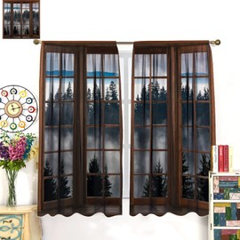 Misty Forest Landscape Curtains, Wooden Window Forest Mountain Rustic Bedroom Living Room Kitchen Blackout Curtains 42x54 Inch