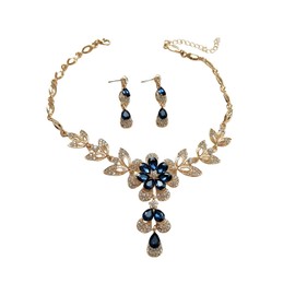 Dishowme Crystal Flower Necklace Earrings Sets Bridal Wedding Jewelry Sets Floral Teardrop Rhinestone Dangle Earrings Necklace for Women Bride Bridesmaids (Blue)