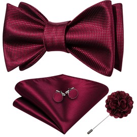 YOHOWA Mens Self-tied Bowtie with Lapel Pin Brooch Burgundy Silk Bow Tie and Handkerchief Cufflinks for Wedding Party
