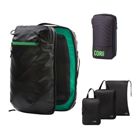 COR Surf Carry On Travel Backpack Bundle | Island Hopper Travel Backpack with Toiletry Bag and Compression Packing Cube Set (28L 2.0, Black with Green Zipper)