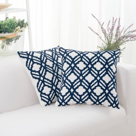 HWY 50 Dark Blue Decorative Throw Pillow Covers 18x18 Inch, Pack of 2 Embroidered Cotton Farmhouse Cushion Cover Pillow Case for Sofa Couch Living Room Bed Bedroon, Trellis