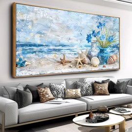 Wall Art Seascape Wall Decor Beach Seashell Blue Beach Picture Ocean Theme Flower Canvas Painting for Living Room Bedroom Home Office Decor 30"x60" with Framed