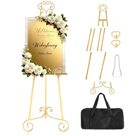 Gold Easel Stand for Sign,Heavy Duty Metal Adjustable Display Easel with Storage Bag,Perfect for Showcasing Pictures, Artwork, Picture Frame Wedding Sign Etc