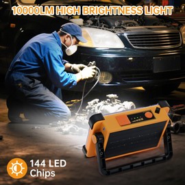 Rechargeable Solar Work Light Portable - IP66 Waterproof Job Site Flashlight with Stand, 144 LED 6600MAh Solar Flood Light for Mechanic, Camping, Car Repair, Fishing, Emergency,Saffron