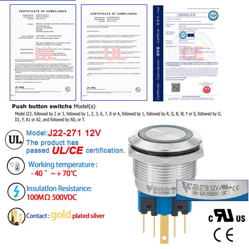 ZJWZJH Waterproof Push Button Switch 22mm Momentary 12V DC/AC SPDT