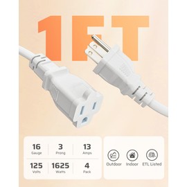 DEWENWILS Short Extension Cord, 1 Foot Power Cord, 16 AWG SJTW Weatherproof Extension Cable for Indoor Outdoor Use, 3 Prong Grounded Outlets Plugs, NEMA 5-15P to NEMA 5-15R, White, UL Listed,4 Pack