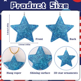 DTOFOOT 48PCS Mini Glitter Resin Star Ornaments Memorial Day Veterans Day Remembrance Day Hanging Decorations for Tree Blue Red and Silver Star Charms with String Resin Hanging Pendants